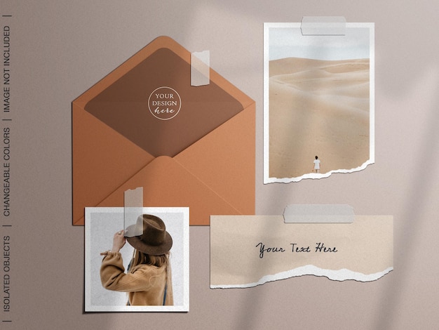 Moodboard mockup con busta nastrata con cornice fotografica strappata carta collage set