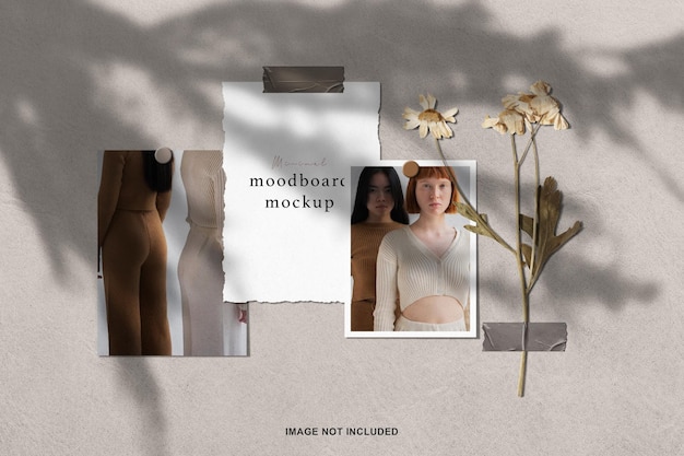 PSD moodboard mockup with ripped taped paper photo frame and dried flower