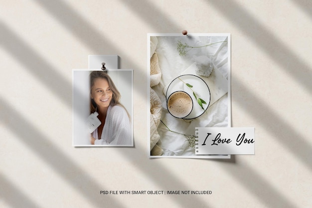 PSD mockup di collage di foto moodboard con sovrapposizione di ombre