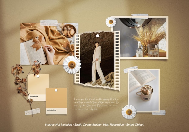 Mockup di collage di foto moodboard con sovrapposizione di ombre