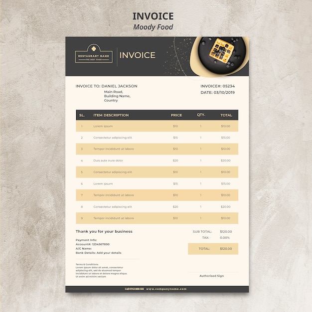 Moody food restaurant invoice concept mock-up