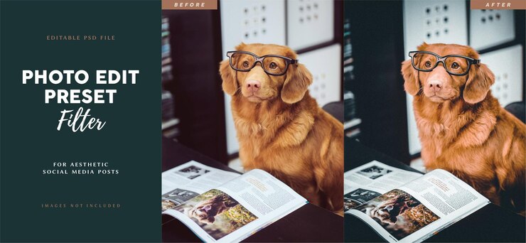 PSD moody instagram photo edit filter preset for pet dog social media feed posts