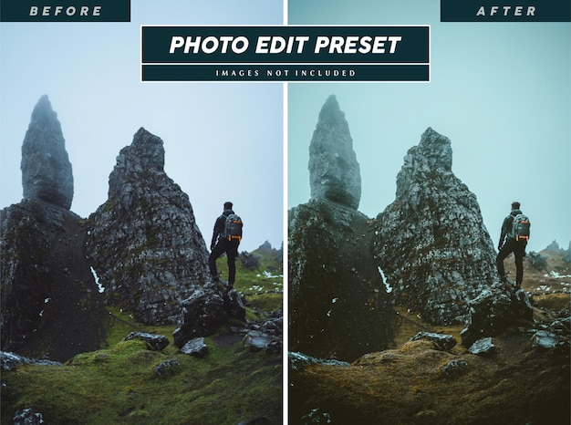 Moody photo edit preset filter for travel adventure magazine, brochure, poster, advertising