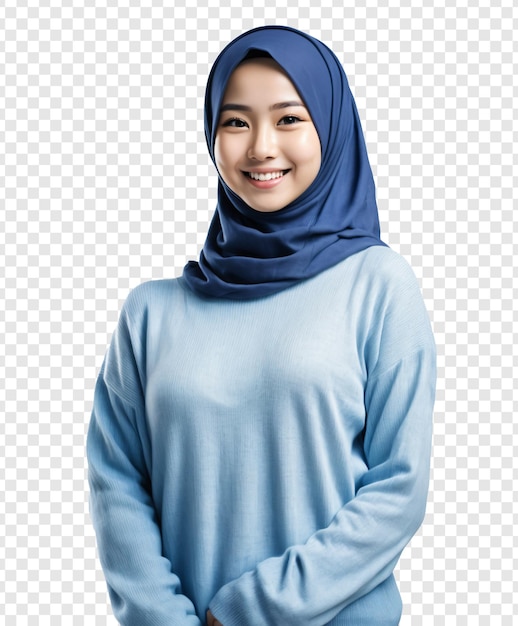 PSD mooi glimlachend japans hijab meisje in blauwe trui geïsoleerd op transparante achtergrond