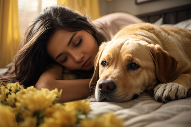 PSD mooi indiaas meisje met schattig labrador hond liefhebber behang