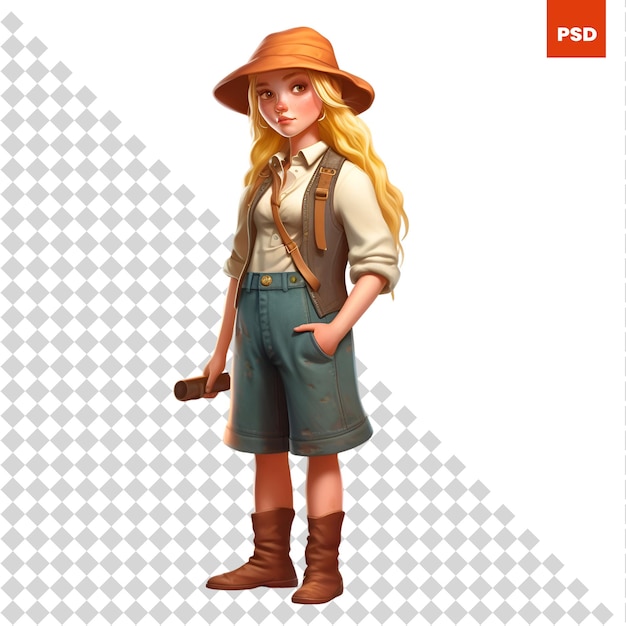 PSD mooi meisje in safari-outfit geïsoleerd op witte achtergrond