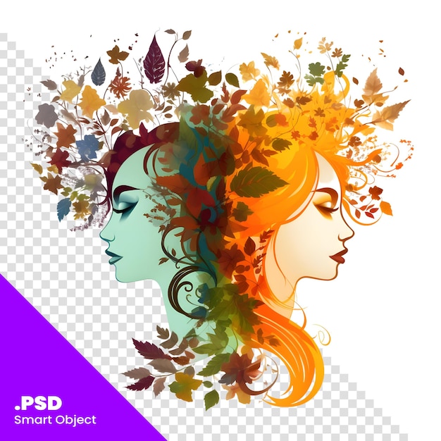 PSD mooi meisje met herfstbladeren in haar haar vector illustratie psd sjabloon