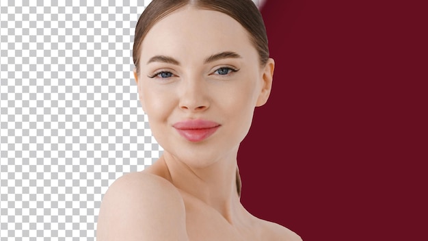 Mooi vrouw gezicht roze lippen natuurlijke make-up gezonde schoonheid vrouw meisje ogen geïsoleerd op wit