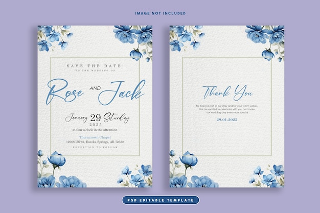 Mooie blauwe bloem illustratie bruiloft uitnodiging kaartenset