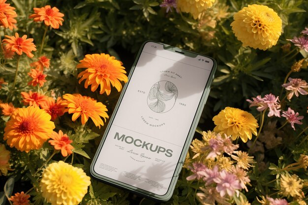 PSD mooie bloemen met een smartphone.