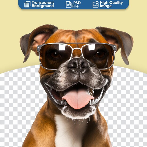 PSD mooie boxer hond in close-up gelukkig met zonnebril en klaar voor het zomerstrand