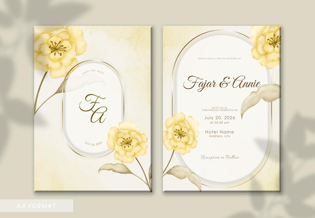PSD mooie gele bloem aquarel dubbelzijdige bruiloft uitnodiging sjabloon