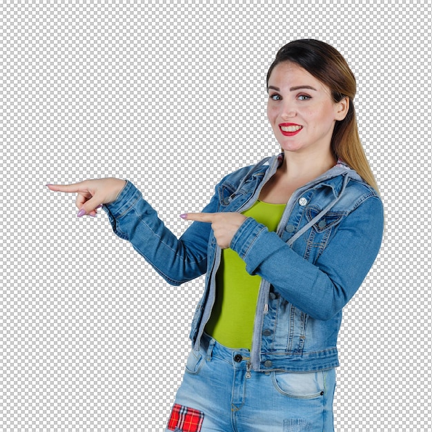 Mooie jonge dame in denim outfit die naar links wijst en naar een vrolijke voorkant kijkt