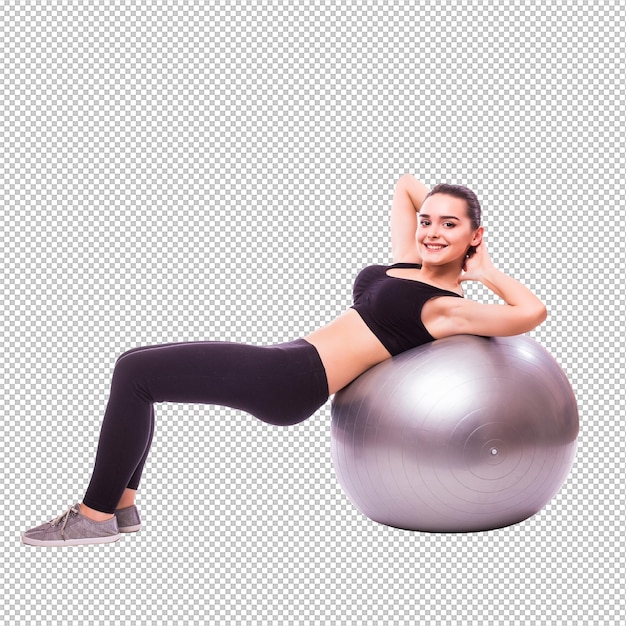 Mooie jonge fitnessvrouw met gymbal oefent geïsoleerd op witte achtergrond