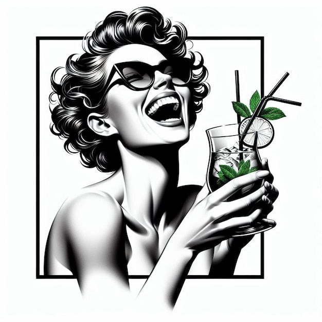 PSD mooie jonge hppie freaky trendy tattoo vrouw geniet van een mojito cocktail bij het zwembad