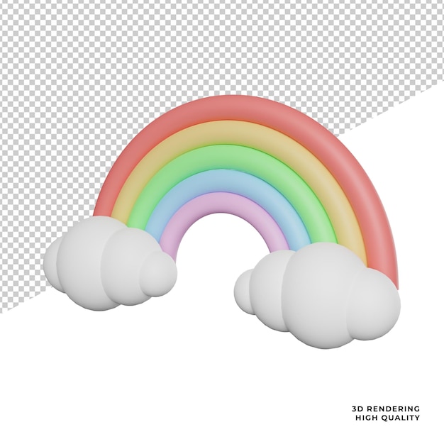 Mooie regenboog en wolken zijaanzicht 3d-rendering illustratie met transparante achtergrond