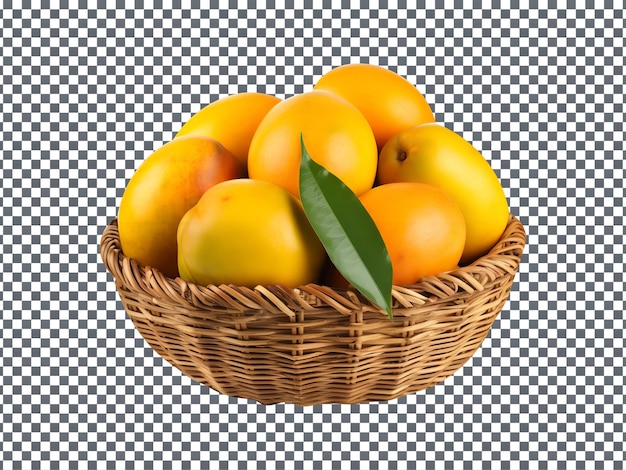 Mooie rijpe mango's in een mand op een doorzichtige achtergrond