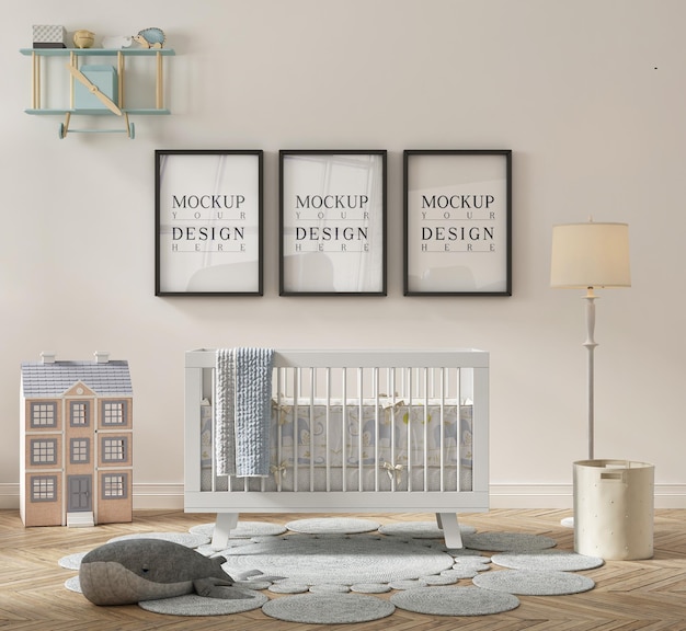 Mooie schattige kinderkamer met ingelijste mockup-poster