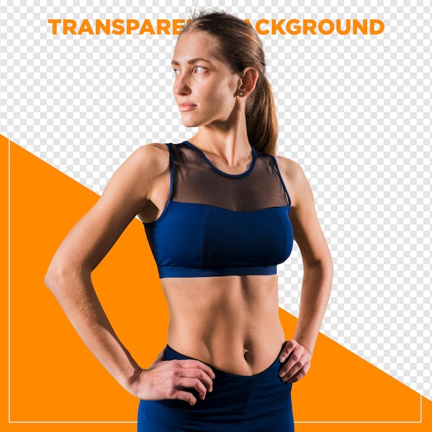 Mooie vrouw in gymkleding met een doorzichtige achtergrond.