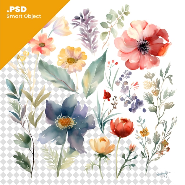 PSD mooie zomerbloemen met waterverf handgemaakte illustratie psd-sjabloon