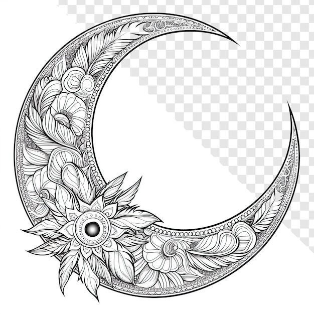 PSD moon mandala with intricate featherlike patterns coloring page