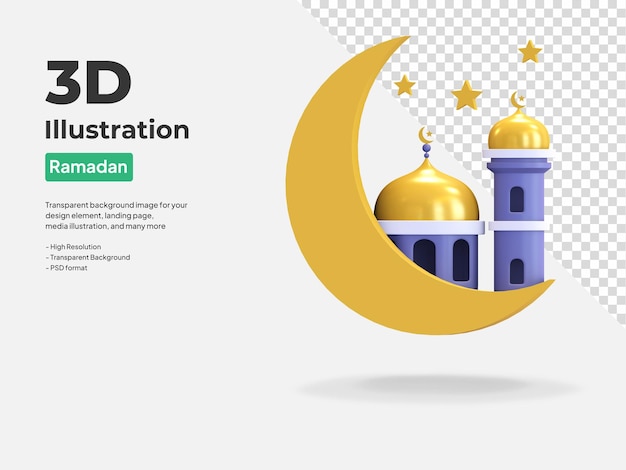 Luna e moschea icona ramadan 3d rendering illustrazione