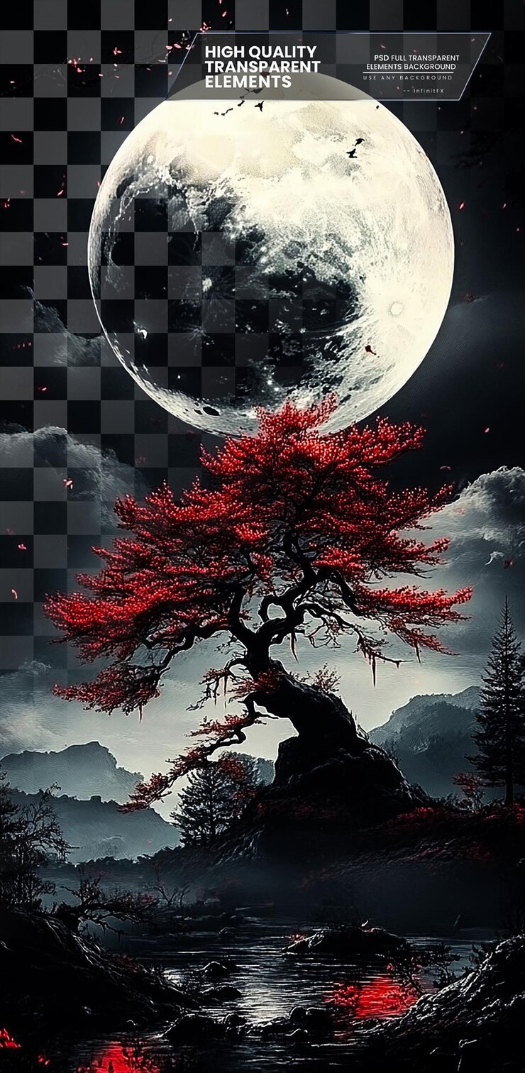 PSD moonlit japanese red tree in a dark forest on transparent background
