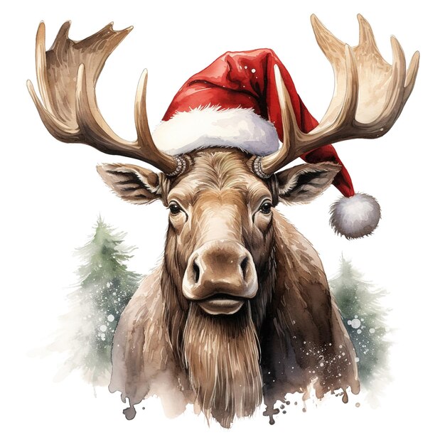 Moose draagt een kerstmanhoed voor kerst evenement waterverf stijl ai gegenereerd