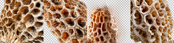 PSD morel mushrooms closeup isolated on transparent background