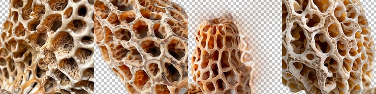 PSD morel mushrooms closeup isolated on transparent background