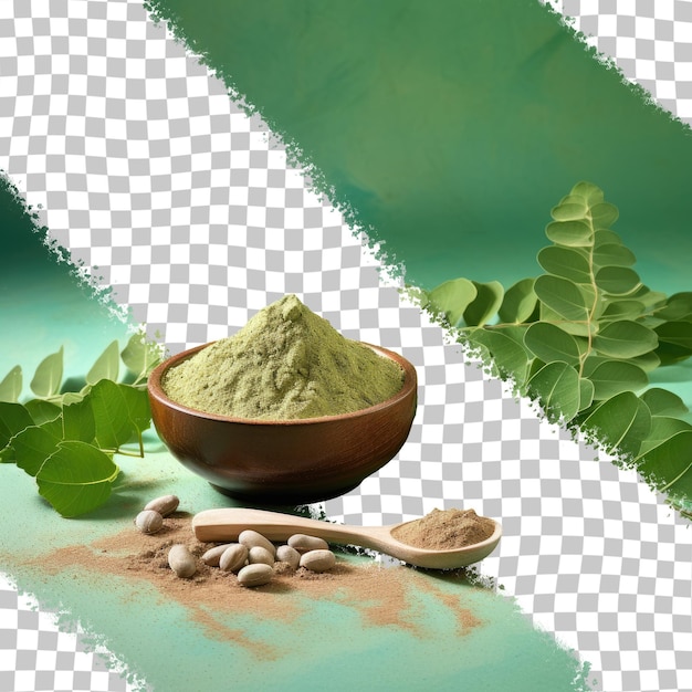 Moringa leaves on transparent background with extract and paste