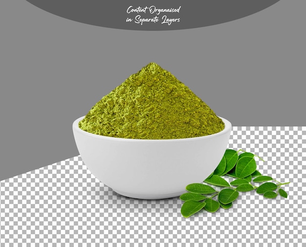 Moringa Powder in White Bowl isolated on Transparent background