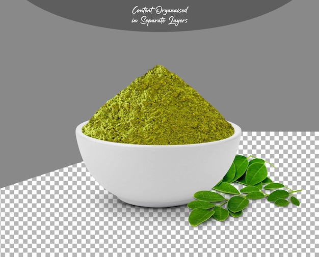 PSD moringa powder in white bowl isolated on transparent background