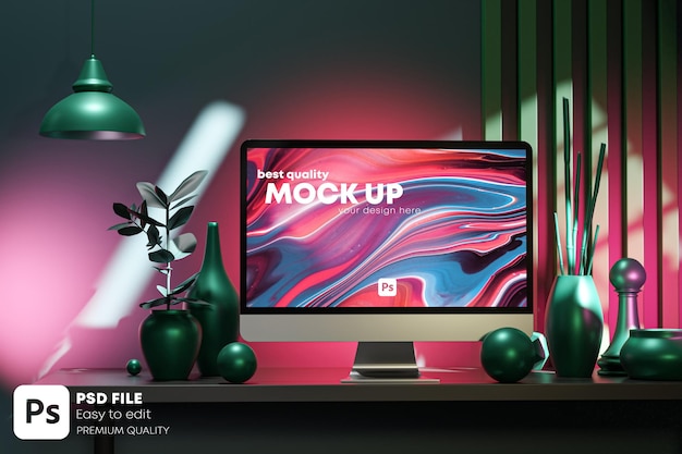 Mørk Pink Grøn Abstrakt Geometrisk Computer Desktop PC Mockup Skabelon 3D Render