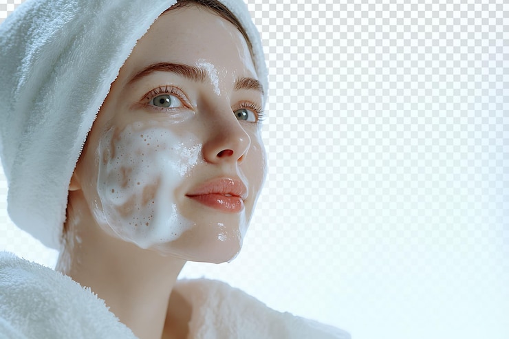 PSD morning skincare ritual radiant woman in white robe