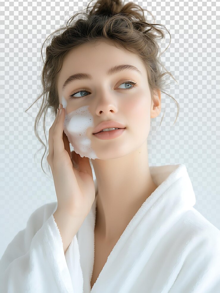 PSD morning skincare ritual radiant woman in white robe