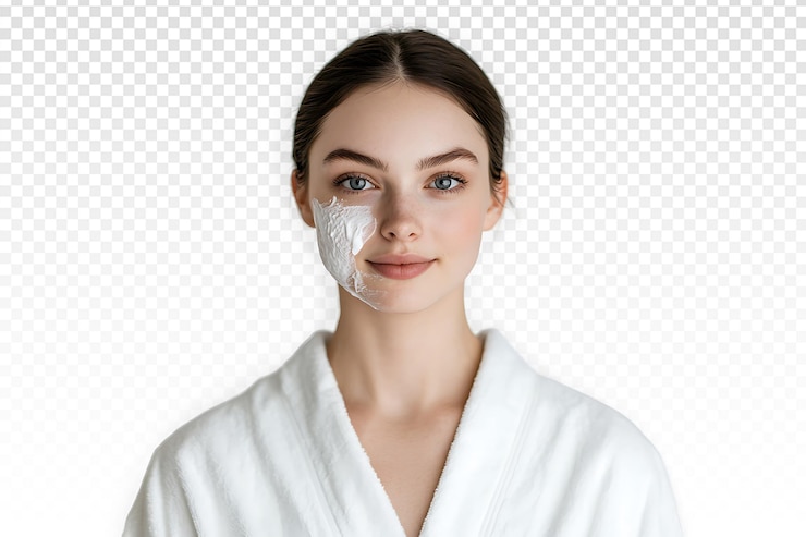 PSD morning skincare ritual radiant woman in white robe