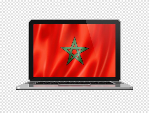 Moroccan flag on laptop screen isolated on white 3d illustration