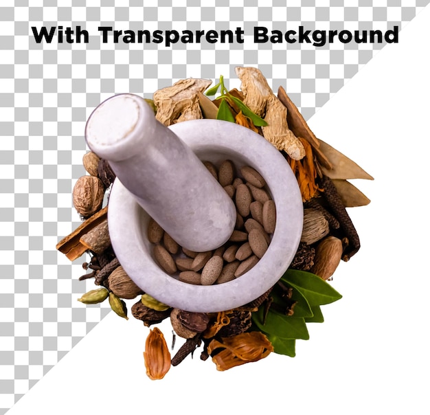 mortar and pestle with herbs and spices png psd isolated on transparent background