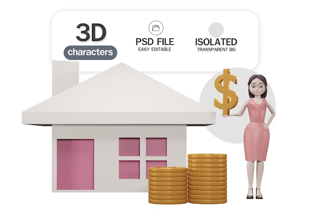 동전 3d 렌더링에서 돈 집에 의한 모기지 개념