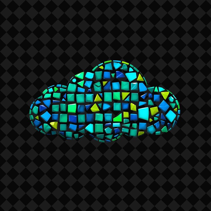 PSD mosaic cloud with tiled patterns geometric shapes and colorful fragments neon hues of blue green a