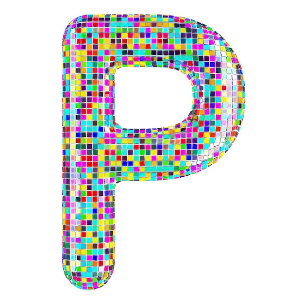 Mosaic font letter P from vivid mosaic pieces 3D rendering isolated on transparent background