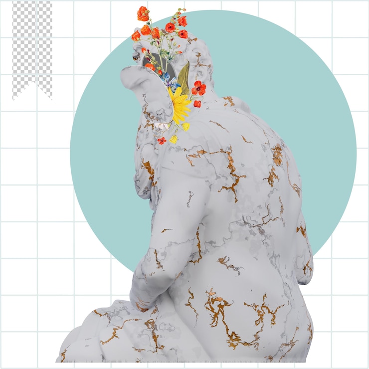 PSD moses statues 3d render collage with flower petals compositions for your work