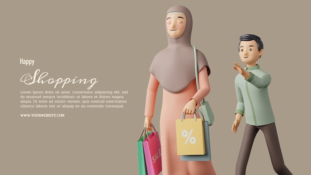 Moslem couple shopping 3d illustration