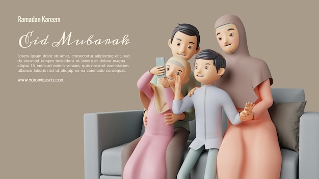 PSD moslim familie nemen groepsselfie foto gelukkig eid mubarak 3d illustratie