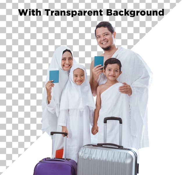 Moslimfamilie op weg naar Hajj of Umrah PNG PSD geïsoleerd op doorzichtige achtergrond