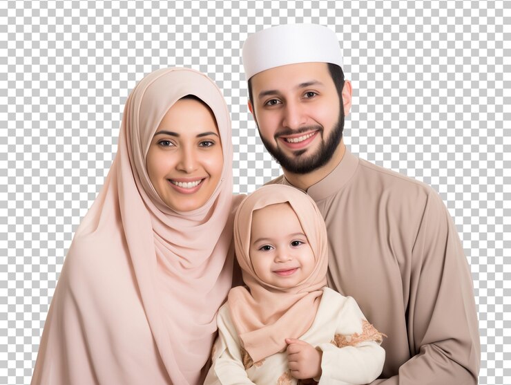 Moslimfamilie van drie geïsoleerd op een doorzichtige achtergrond
