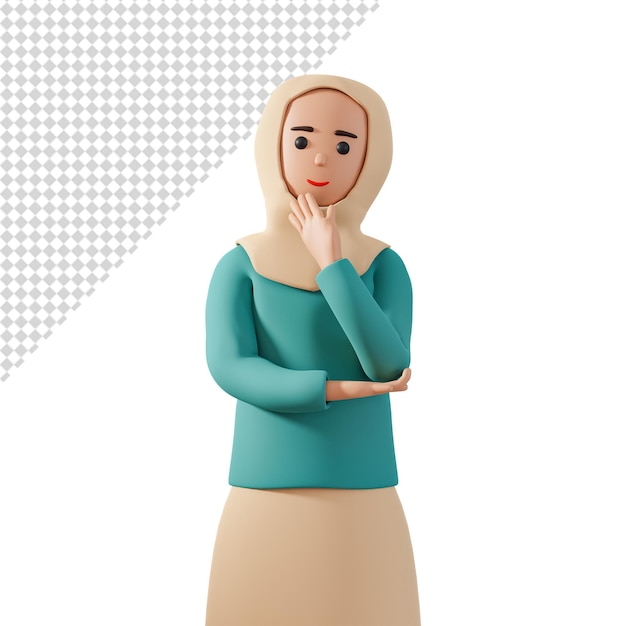 PSD moslimvrouw legde haar hand op haar kin en dacht aan iets 3d illustratie