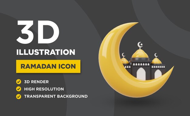 PSD icona 3d del ramadan della luna e della moschea