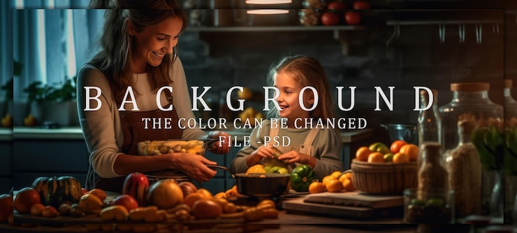 PSD mother and daughter preparing food together in a cozy kitchen